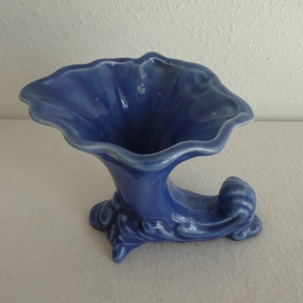 Vintage Cameron Clay Cornucopia Vase Art Deco Blue Pottery 5.25” x 6”